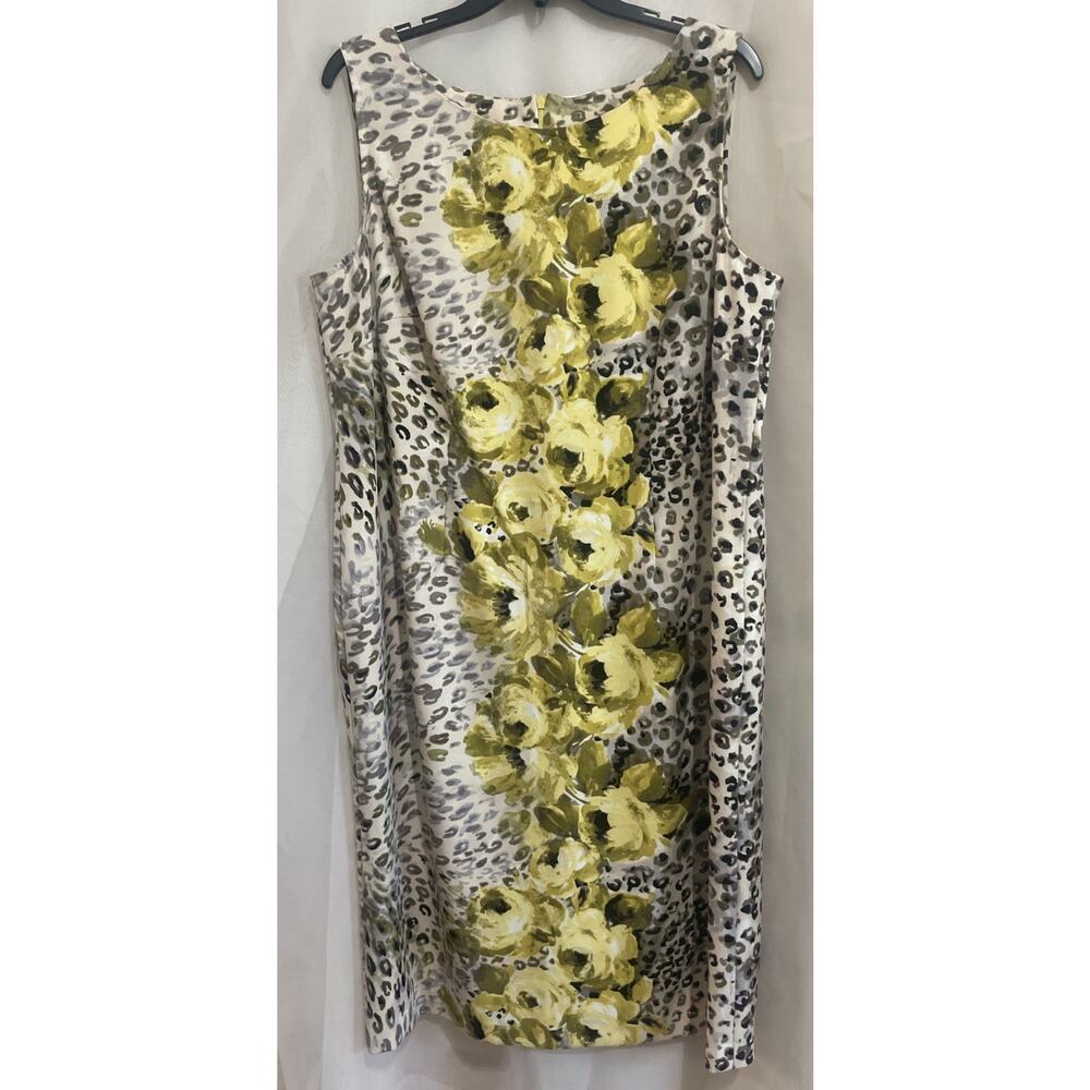 Maya Brooke Printed Sleeveless Sheat‎ Dress Size 16 Leopard Flower Yellow White